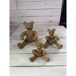Vintage Hand Carved Wooden Articulated Bear Figurines Lot of 3 Jointed Bears